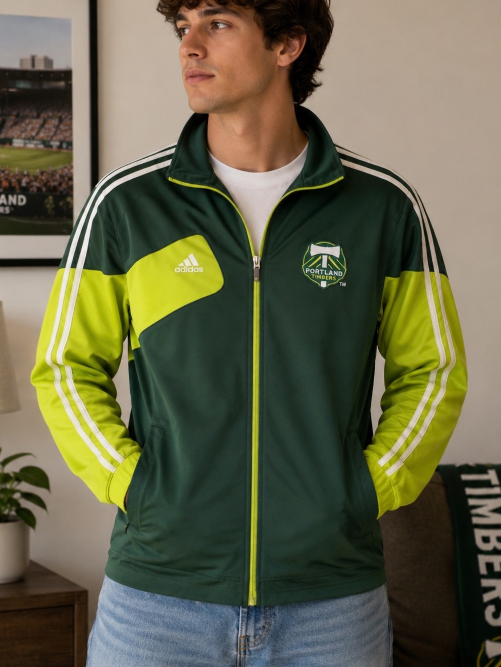 Adidas Portland Timbers Track Jacket Youth Medium Green Yellow Full Zip MLS